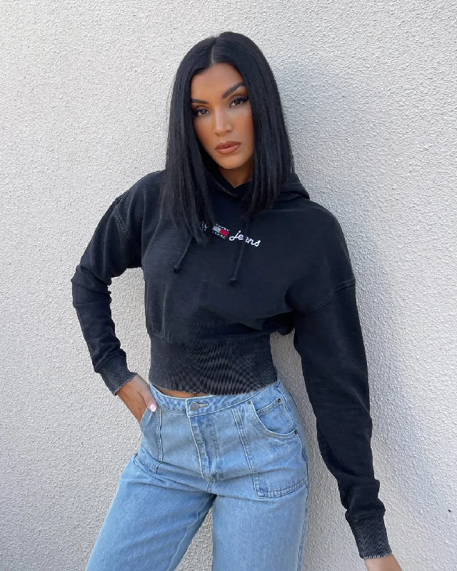 Tommy Jeans Women's Crop Homespun Hoodie Black Hoodie with Emblem Brand Identity