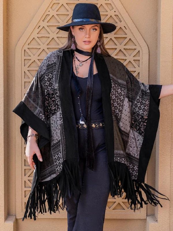 Plus Size Printed Fringe Open Front Outerwear Belted Wool Overcoat