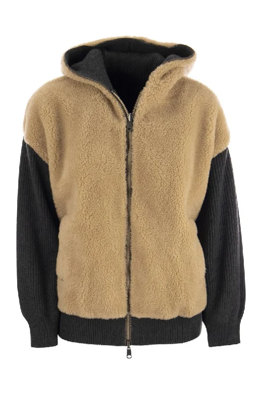 Virgin wool and cashmere plush hooded outerwear Stretch Fit Moto Jacket