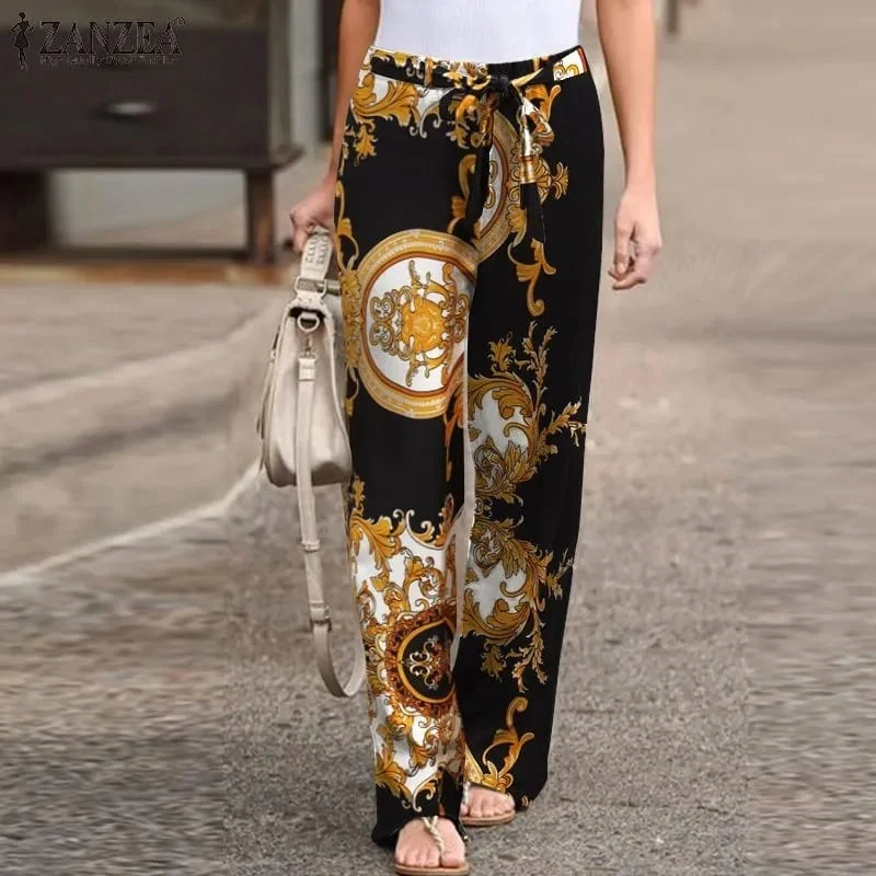 ZANZEA Stylish Floral Pants Women Print Trousers Drawstring Elastic Waist Pantalon Palazzo Female Casual Autumn Turnip Oversized S4013889 Trousers chic elegant
