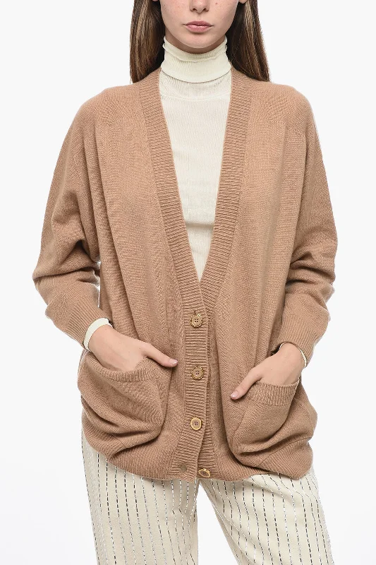 Elisabetta Franchi Cashmere Blend DAILY Cardigan with Patch Pockets 42 Italian size Mesh Cardigan Canvas Denim