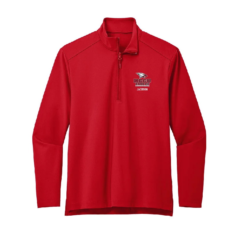 NCCU - NCAA Women's Track & Field : Laila Jackson - Premium Quarter Zip Jacket Lace Jacket Ribbed Jacket Sequined Jacket