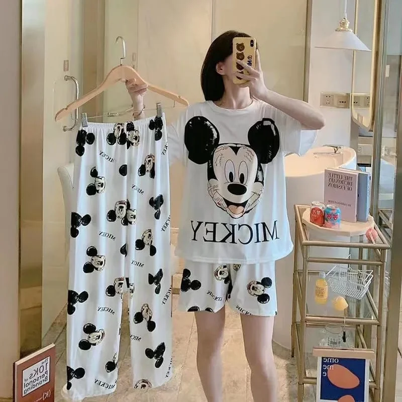 Disney Mickey White Women's Spring Summer Pajamas Set Three-piece Short Sleeve + Shorts + Trousers Soft And Comfortable Homewear L X4250045 Trousers Essential Wardrobe