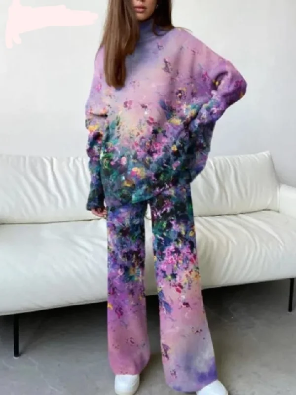 Botvotee Women Pant Sets Print Full Length Wide Leg Loose Trousers 2 Piece + Long Sleeve Turtleneck Tops 2023 Casual Fashion New 070161996 Trousers Versatile Stylish