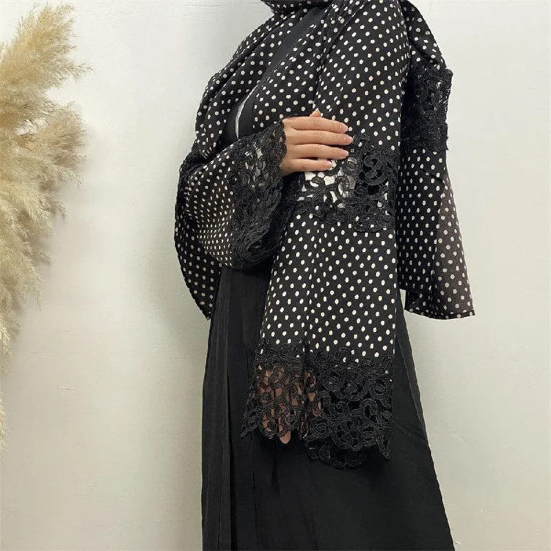 Women Fashion Black Lace Patchwork Polka Dot Cardigan Crew Neck V-Neck Turtle Neck