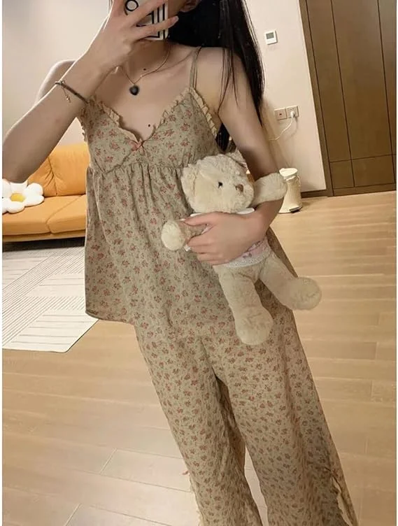 Floral Trouser Suits Pajamas Woman Summer Home Wear 2 Pieces Sleep Tops + Pants Sleeve Nightie Pijamas 2XL X4594951 Trousers Recommended Stylist