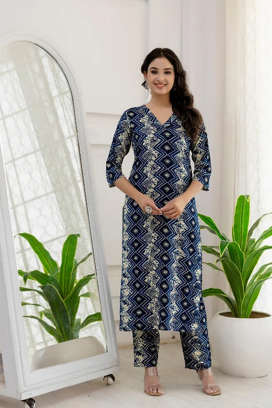 Women Blue Printed Straight Kurta And Trouser Trousers Elastic Waist Soft