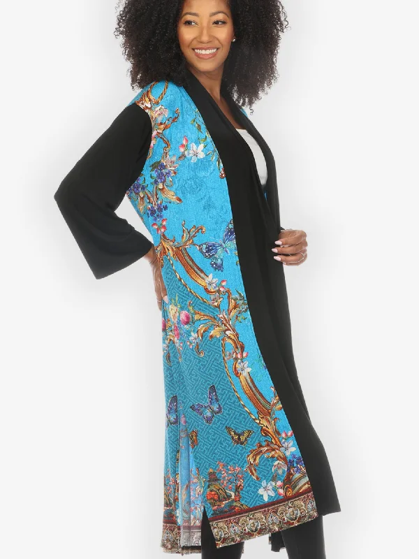 Baroque Garden in Blue Knit Long Cardigan Silk Blend Satin Velvet