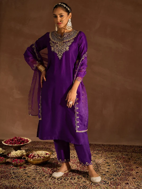 Women Purple Embroidered Straight Kurta Trousers With Dupatta Set Cropped Trousers Casual Linen Women Purple Embroidered Straight Kurta Trousers With Dupatta Set Cropped Trousers Casual Linen