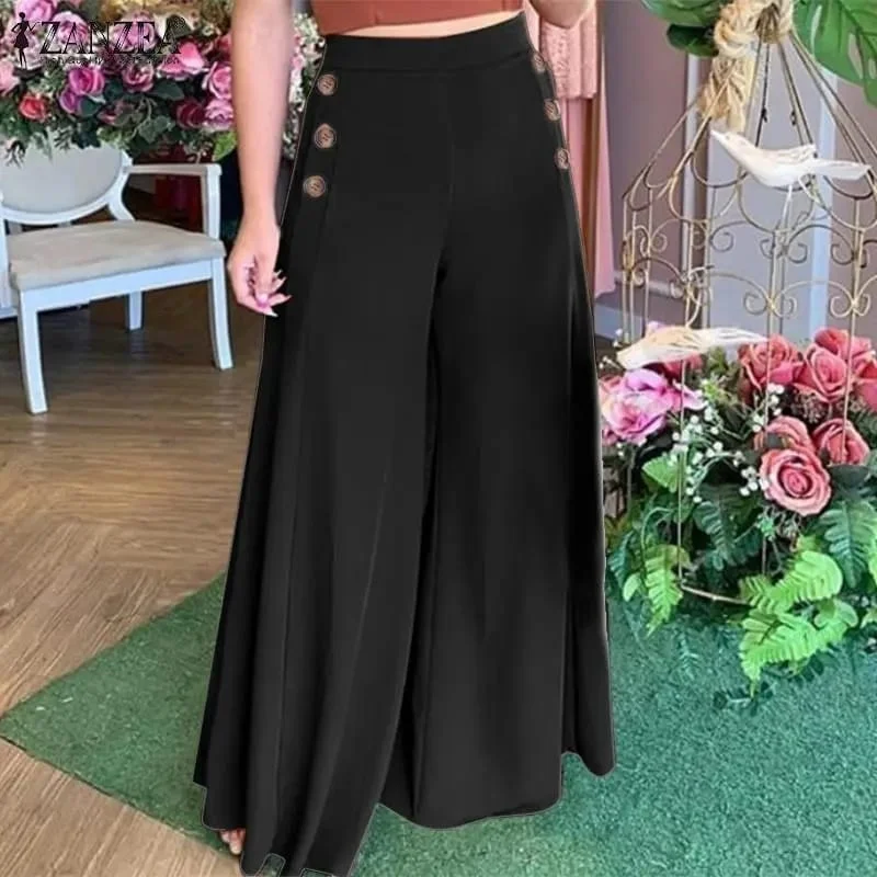 Women's Fashion Autumn Pants Casual Wide Leg Pants Vintage Elastic Waist Trousers Female Solid Button Bottoms XL S4900461 Trousers Favorite Customer