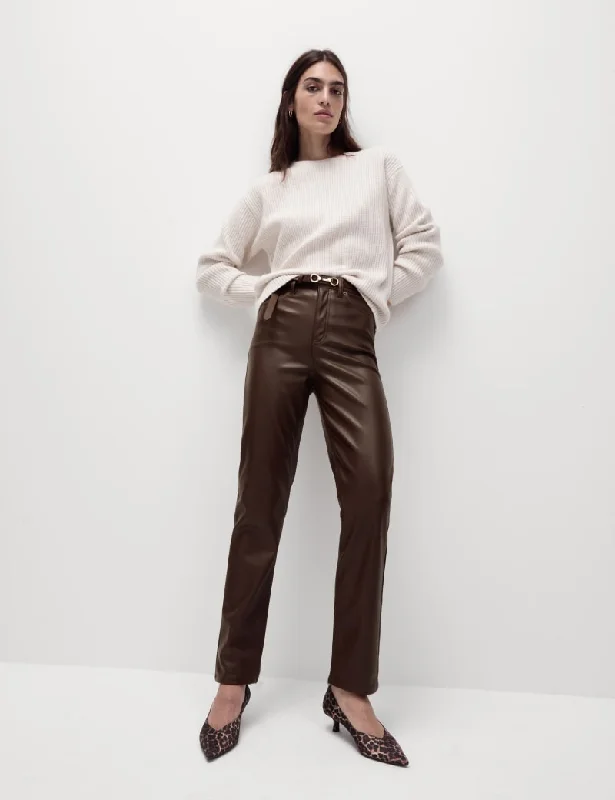 Faux Leather Straight Leg Trousers Cropped Trousers Casual Linen