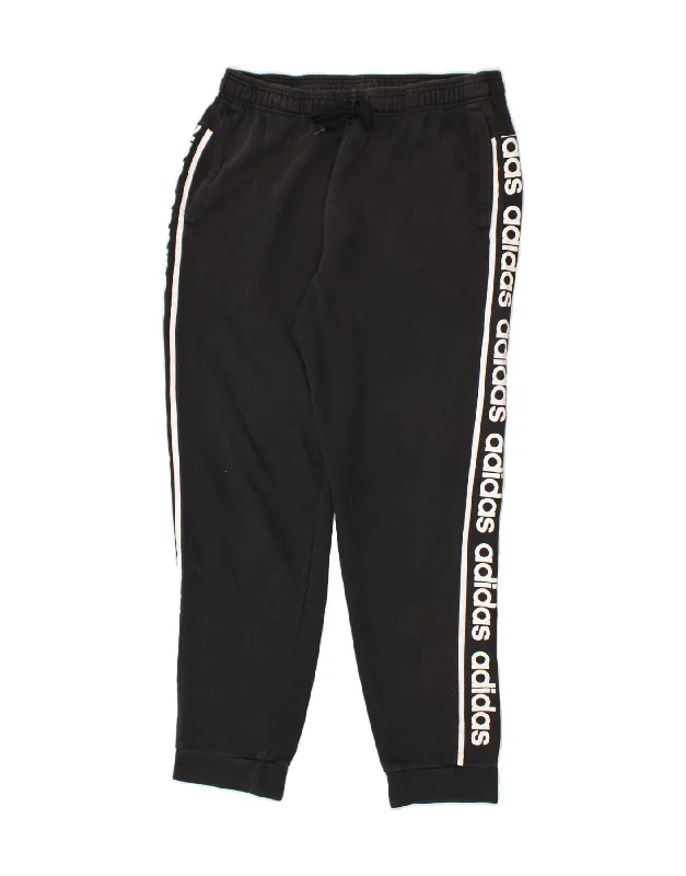 ADIDAS Womens Graphic Tracksuit Trousers Joggers UK 14 Large  Black Cotton Wide Leg Loose Fit Mid Waist