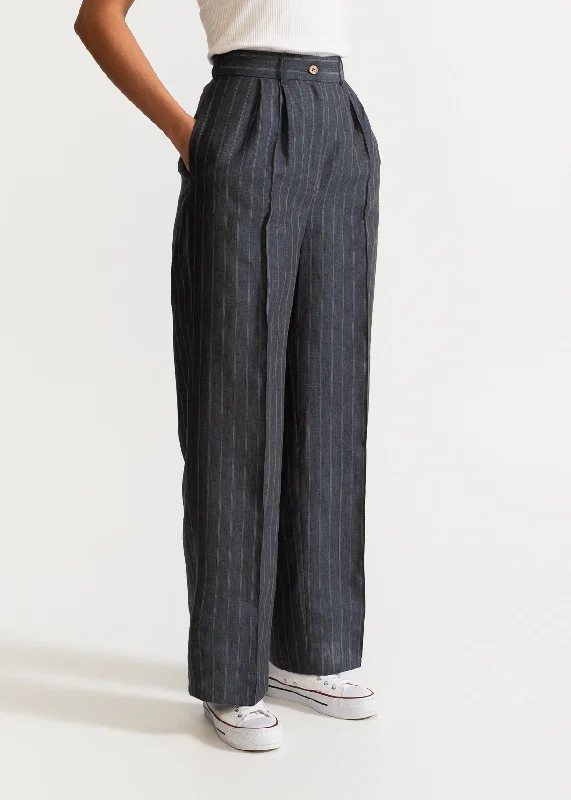 Women's Figa Linen Trousers  Grey Stripes Trousers Flared Retro