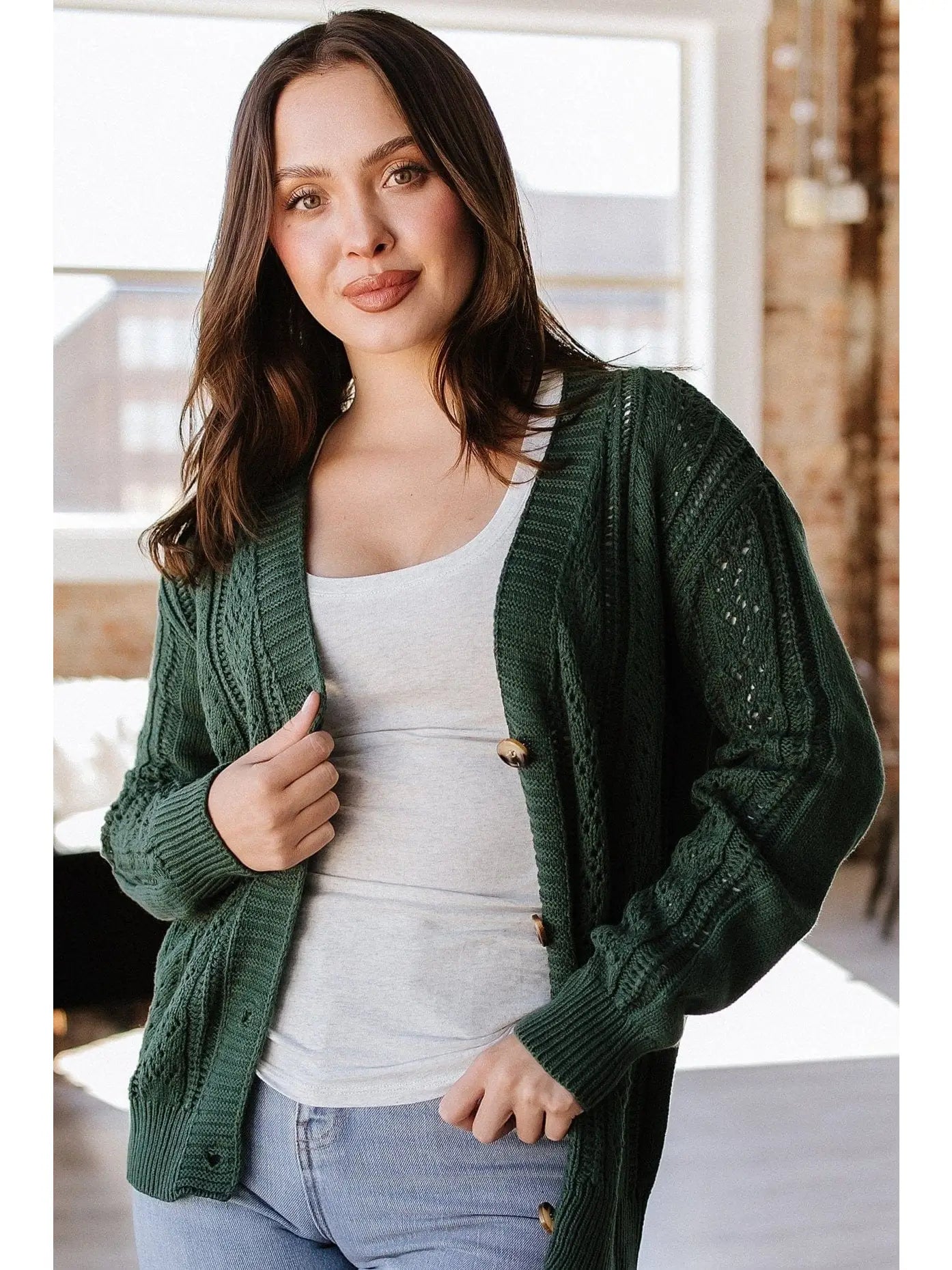 Green Hollow Knit Cardigan Slim Fit Regular Fit Oversized