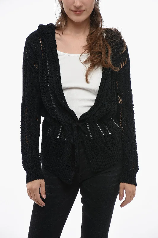 Fabiana Filippi Hooded Crochet Cardigan with Sequines 40 Italian size Plaid Cardigan Polka Dot Checkered