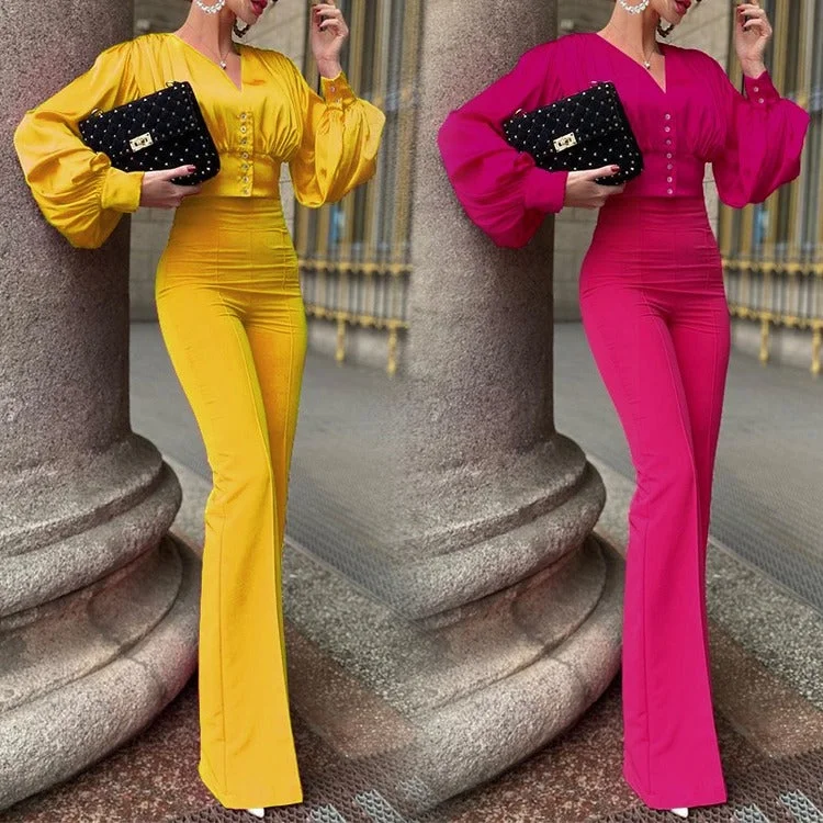2023 New Arrival Women's Fashion Sexy 2 Two-piece Set Puff Long Sleeve Elegant Work Suits High Waist Flared Trousers Pants Set Trousers Top Rated