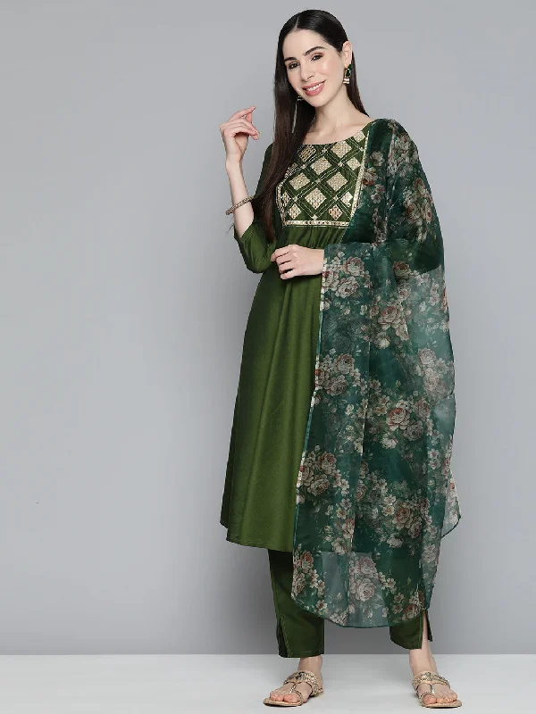 Olive Green Floral Embroidered Mirror Work Kurta With Trousers & With Dupatta Trousers sophisticated sleek Olive Green Floral Embroidered Mirror Work Kurta With Trousers & With Dupatta Trousers sophisticated sleek