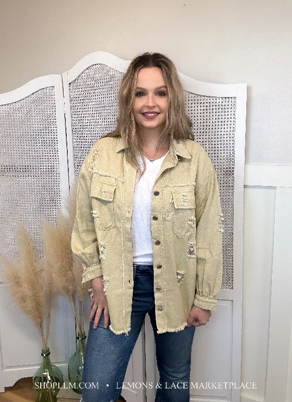 Khaki Tattered Frayed Denim Jacket Hoodie Zip-Up Jacket Button-Up Jacket