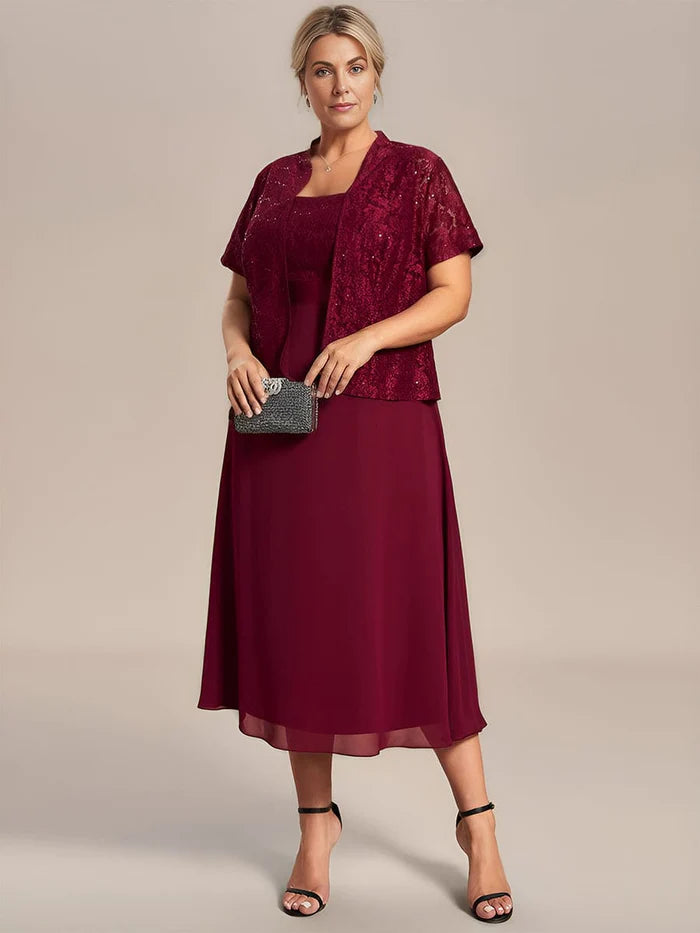 Plus Size Square Neckline A-Line Chiffon Mother of the Bride Dress with Lace Cardigan Asymmetrical,ymmetric Pencil Cardigan