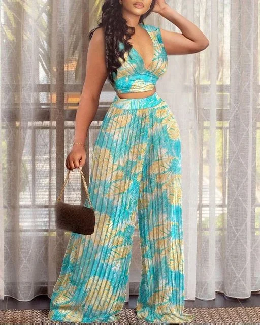 African Summer Sexy Sleeveless V-Neck Vest Straight Leg Large Size Wide Trouser Set Two Pieces S4573971 Trousers sophisticated sleek