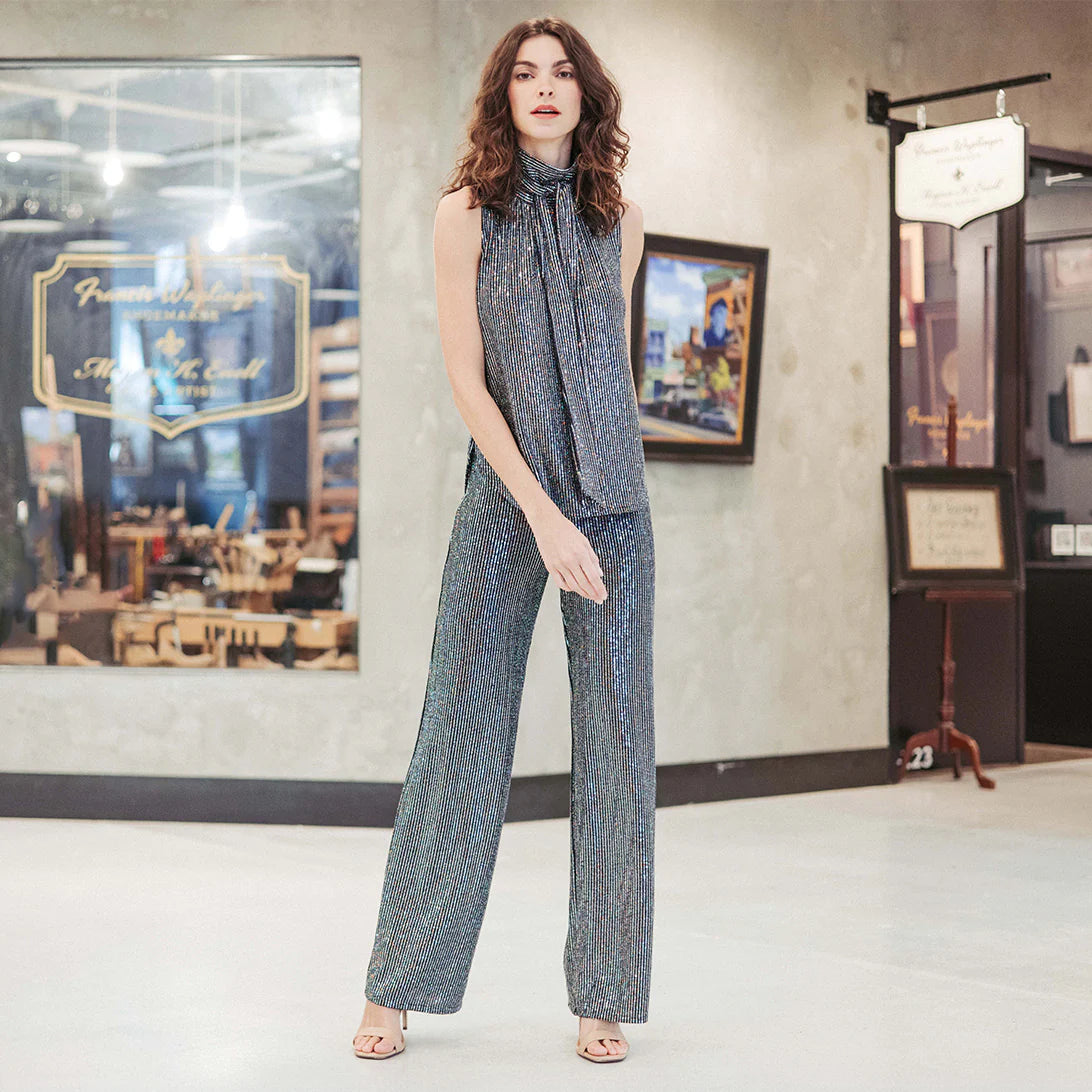 Shimmer Sequin - Wide Leg Pant - Silver Pinstripe Fashionable Tapered Leg Pants