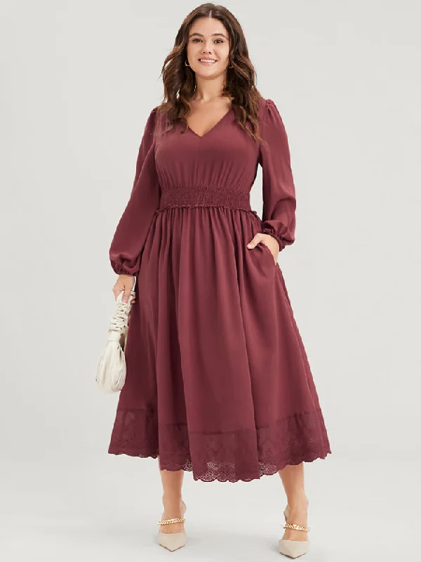 Solid Pocket Lantern Sleeve Patchwork Ruffled Shirred Dress