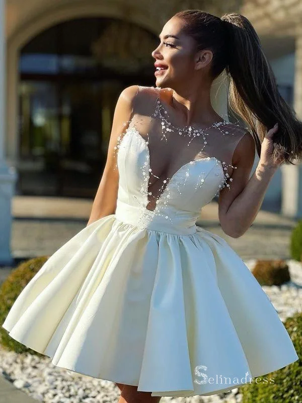 A-line Scoop Ivory See Through Beaded Short Prom Dress Homecoming Dresses #MHL2889