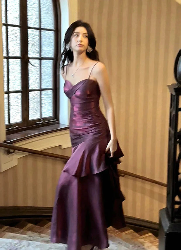 Dark Purple Spaghetti Straps A-Line Chiffon Long Prom Dress Evening Gown, DP4566