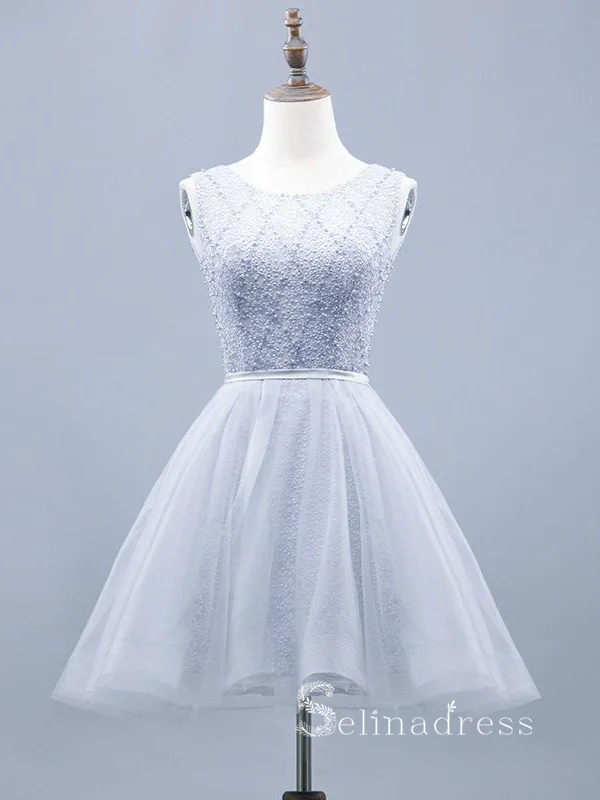 A-line Scoop Gray Cheap Short Prom Dress Beaded Homecoming Dresses #MHL134