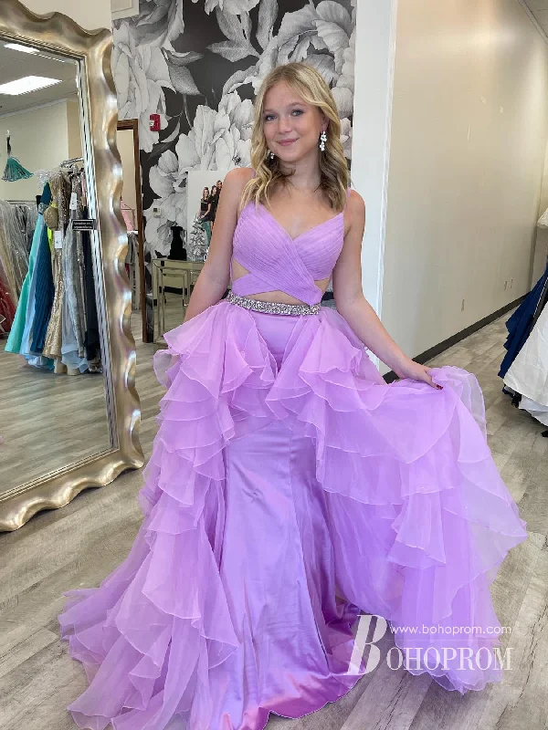 Romantic Spaghetti Straps Organza & Satin Mermaid Prom Dresses Tiered Dress PD699