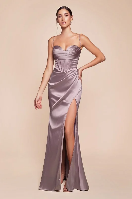 Cinderella Divine CD7483 Long Fitted Corset Prom Dress Taupe