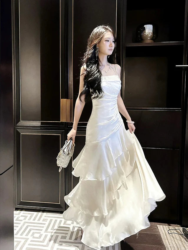 White Spaghetti Straps A-Line Chiffon Long Prom Dress Evening Gown, DP4568