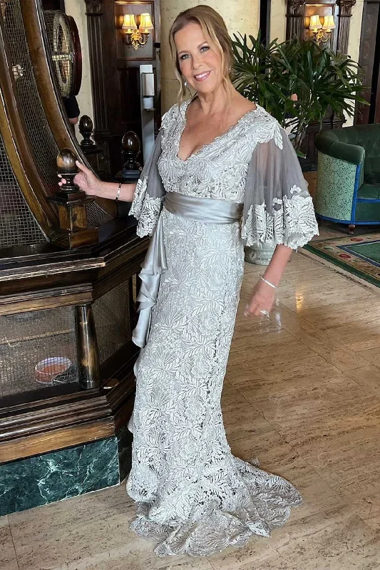 Light Grey Lace V-Neck Ruffled Sleeve Mother of the Bride Dress