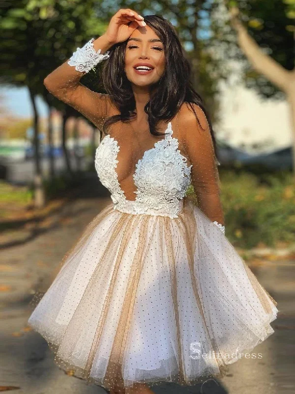 A-line Scoop See Through Applique Short Homecoming Dress Prom Dress RYU046