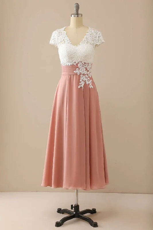 Coral Pink Lace Cap Sleeve Mother of the Bride Dress
