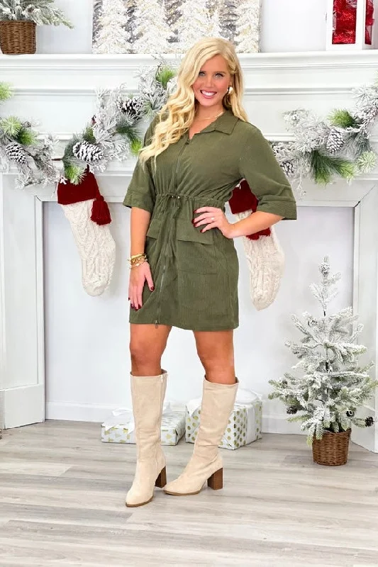 Olive Corduroy Zip Up Dress *Final Sale*