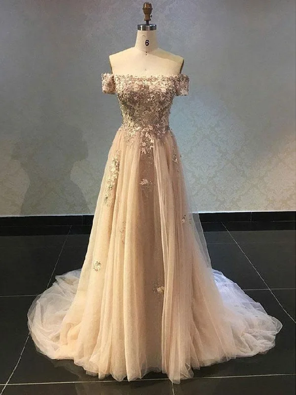 Luxury Tulle Off-the-shoulder Neckline A-line Prom Dresses With Beaded Appliques PD099