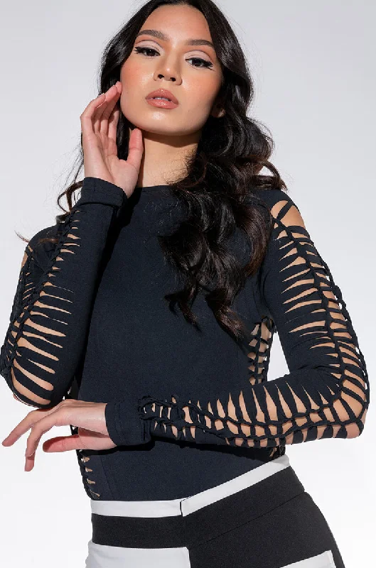ALL THE CUTOUTS SNATCHED BODYSUIT BLACK Fashionable Fitted Bodysuit