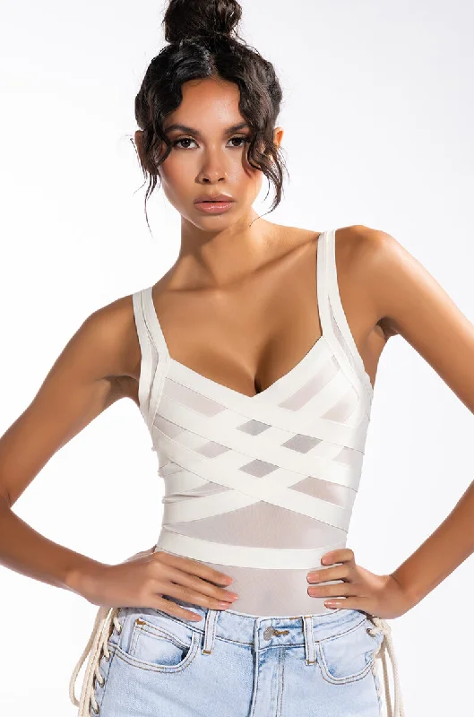 BANDAGE MESH SLEEVELESS BODYSUIT Fashionable Slim Fit Bodysuit