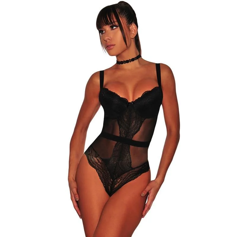 Black Lace Sleeveless Mesh Bodysuit Elegant Bodysuit with Mesh Panels