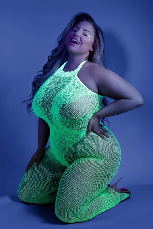 Fantasy Queen Glow Black Light Moonbeam Bodystocking Neon Green Fashionable Plunge Bodysuit Fantasy Queen Glow Black Light Moonbeam Bodystocking Neon Green Fashionable Plunge Bodysuit