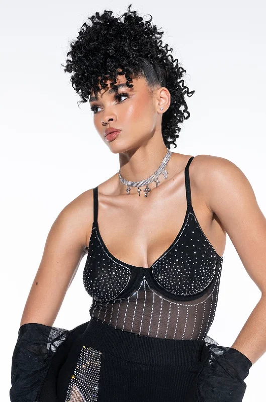 FASHIONABLY LATE RHINESTONE MESH BODYSUIT Trendy Bodysuit with Sleeves