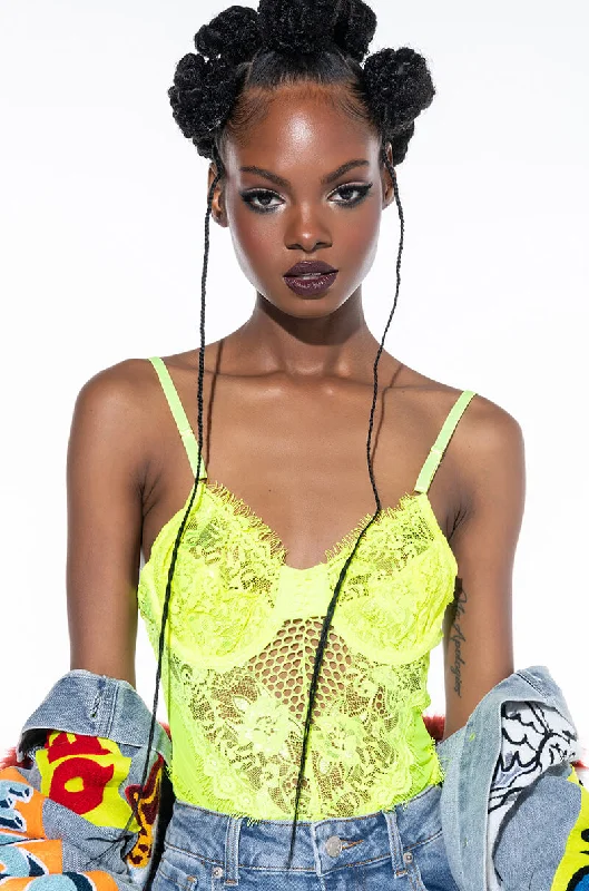 GISELE LACE CUP BODYSUIT NEON YELLOW Fashionable Bodysuit with Button Front