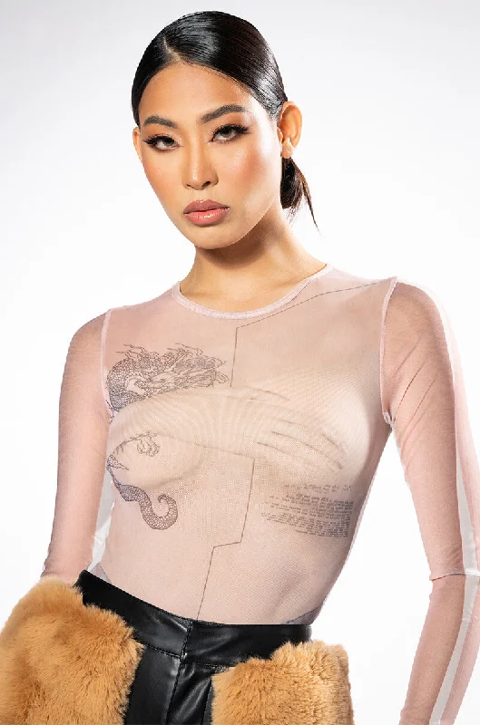 HANDS ON ME PRINTED MESH BODYSUIT Comfortable Velvet Bodysuit
