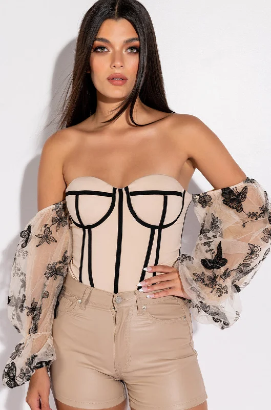 IN A DREAM APPLIQUE STRAPLESS CORSET BODYSUIT Trendy Floral Print Bodysuit