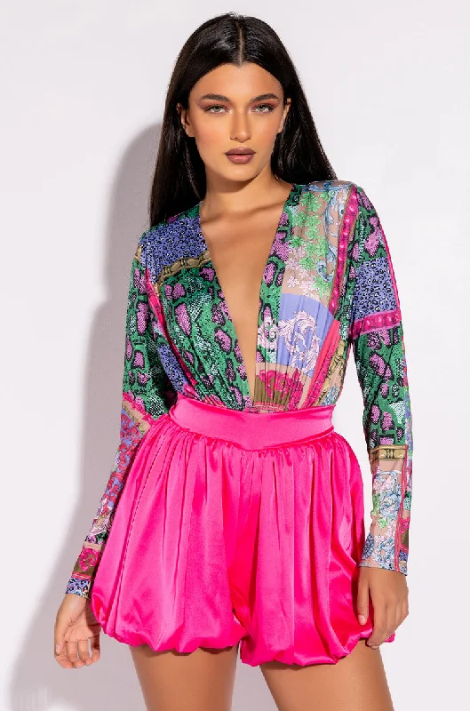 KEEP 'EM MAD MULTI PRINT BODYSUIT Stylish One-Shoulder Bodysuit