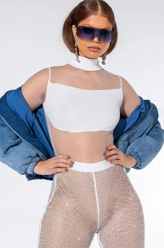 LOVELY LINES MESH BODYSUIT WHITE Stylish Plunging Neck Bodysuit
