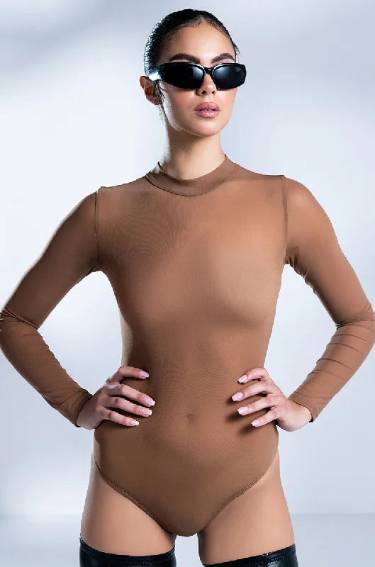 PAXTON SEXY MESH LONG SLEEVE BODYSUIT Stylish Plunging Neck Bodysuit