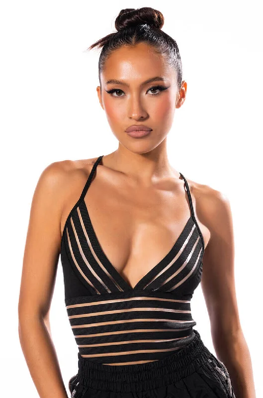 RIGHT THROUGH YOU SLEEVELESS BANDAGE CHEEKY BODYSUIT Elegant Bodysuit with Chiffon