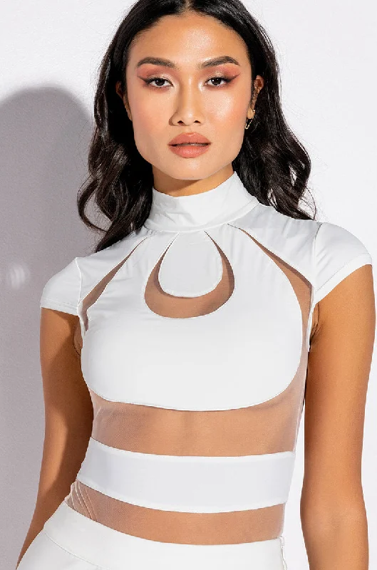 SAYLOR MESH INSERT MOCK NECK SHORT SLEEVE BODYSUIT Elegant Mesh Bodysuit for Night